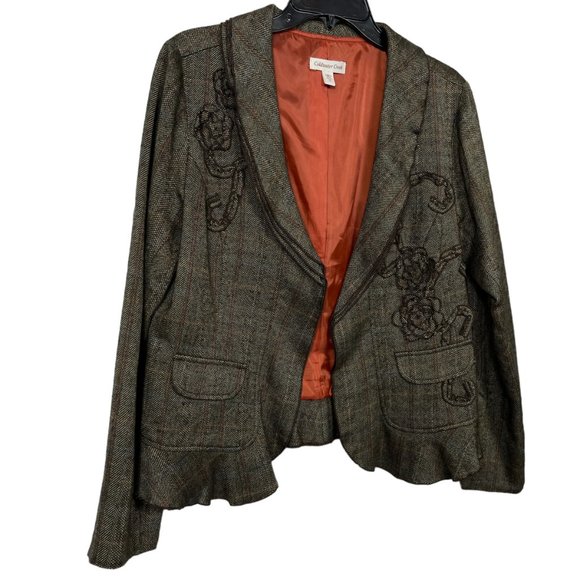 Coldwater Creek Blazer Womens 12 Brown Plaid Floral Open Front Stretch - Picture 4 of 11